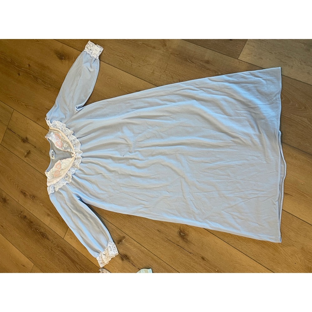 Vintage Natalie Creations Blue Nightgown Lace Trim Floral Embroidery Long Sleeve